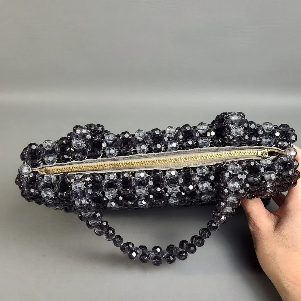 Vintage Crystal Beaded Purse Fauceted Beads Smoke Gray Hong Kong 60s Handmade